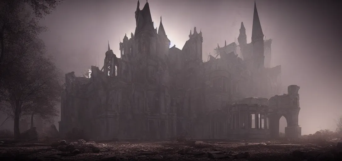 Prompt: dramatic eerie render of exterior of dark abandoned ruined gothic castle at night, exposed, accurate ray tracing, mysterious colored fog, ambient occlusion, unreal engine, detailed, vibrant, visually striking, trending on artstation, by greg rutowski and jordan grimmer