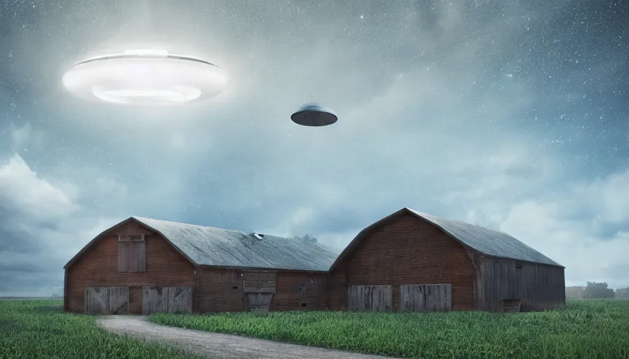 Prompt: a ufo floats over a barn with a broken roof, debris is ascending toward the ufo, volumetric lighting, night, photorealistic rendering, color palette, 8 k, hyperdetailed