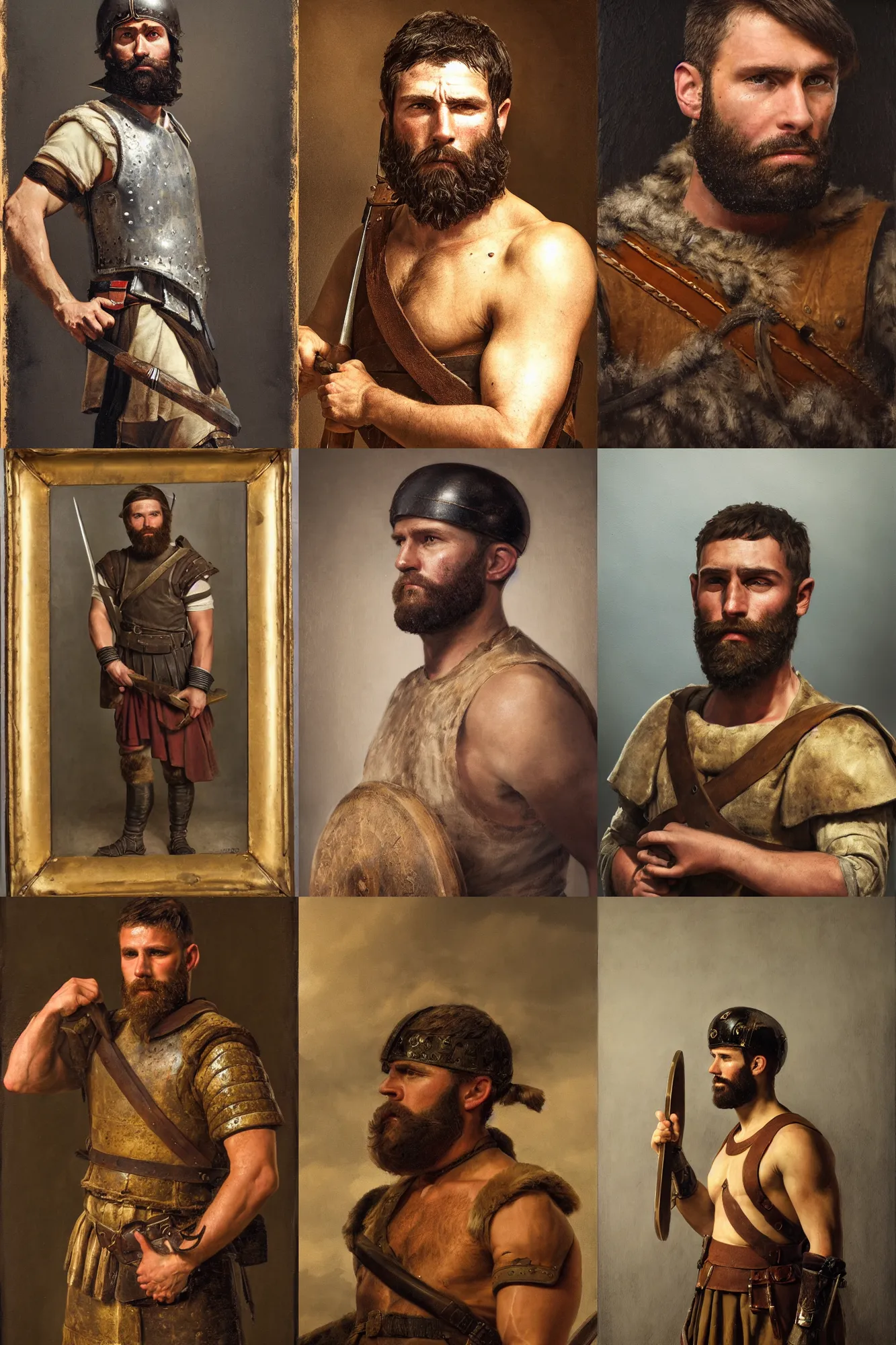 Prompt: portrait of a Roman soldier. rugged young man, thick brown beard, big muscles, sneering. cinematic lighting, highly detailed, full body action shot. Oil painting. Cinematic still.