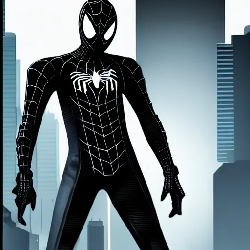 Image similar to all black futuristic depiction of an armored cyberpunk spiderman, futuristic style spiderman, cyberpunk, comic book art