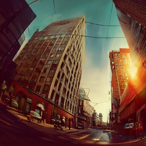 Image similar to 1 5 0 0 s city street, cinematic photography, fisheye!!!!! lens, ( ( ( ( ( worm's - eye view ) ) ) ) ), illustrated by max hay, artstation, cgsociety contest winner, dramatic lighting, vignette