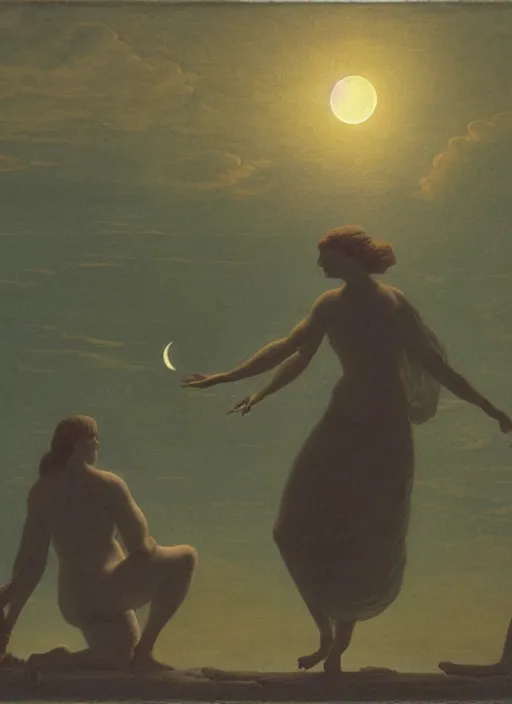 Prompt: three hazy backlit silhouettes of ancient greek venus observing an eclipse at dusk, painted by caspar david friedrich