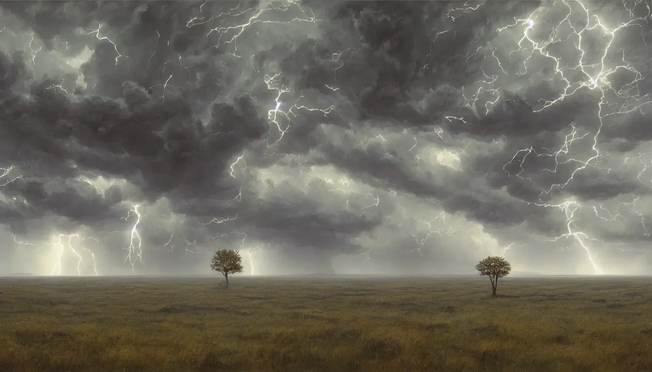 Image similar to a highly detailed epic cinematic concept art CG render digital painting artwork: Lone tree in lightning storm. By Greg Rutkowski, in the style of Francis Bacon and Syd Mead and Norman Rockwell and Beksinski, open ceiling, highly detailed, painted by Francis Bacon and Edward Hopper, painted by James Gilleard, surrealism, airbrush, Ilya Kuvshinov, WLOP, Stanley Artgerm, very coherent, triadic color scheme, art by Takato Yamamoto and James Jean