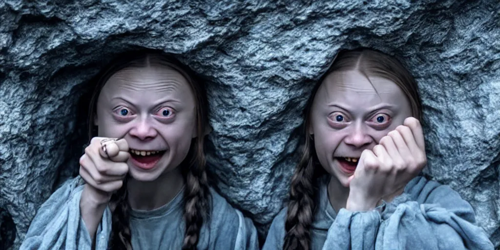 Image similar to greta thunberg as gollum, holding the ring up,!!! my precious!!!, big wide open eyes, creepy smile, inside a cave, fog, dark cinematic, moonlight, still shot from the new lord of the rings movie