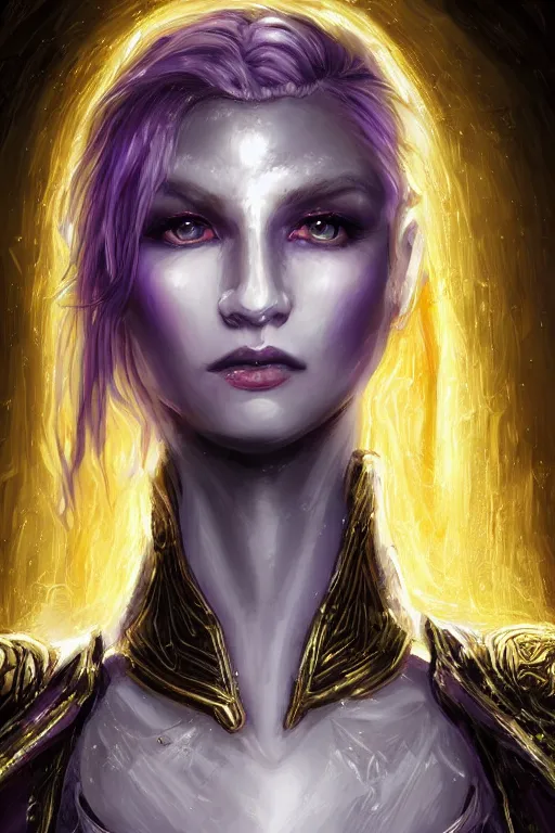 Image similar to portrait evilly knights of Zodiac girl, white hair, metalic deep purple and black reflected armor, in ruined Agora of Athens thuder flash night, sparkling, ssci-fi, fantasy, intricate, very very beautiful, elegant, golden light, highly detailed, digital painting, artstation, concept art, smooth, sharp focus, illustration, art by tian zi and WLOP and alphonse mucha