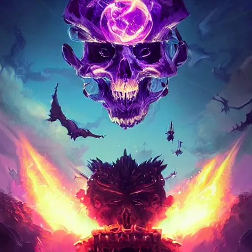 Image similar to flying skulls with violet fire trails, violet theme, magic spell art, epic fantasy digital art style, fantasy artwork, by Greg Rutkowski, fantasy hearthstone card art style