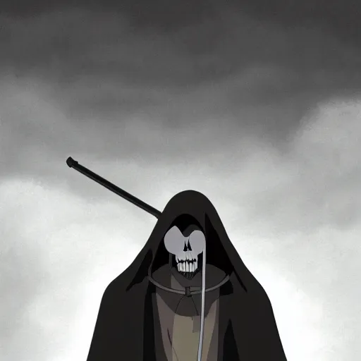 Image similar to a close shot of grim reaper standing in black smoke by studio ghibli, detailed, gloomy, horror, scary, digital art,