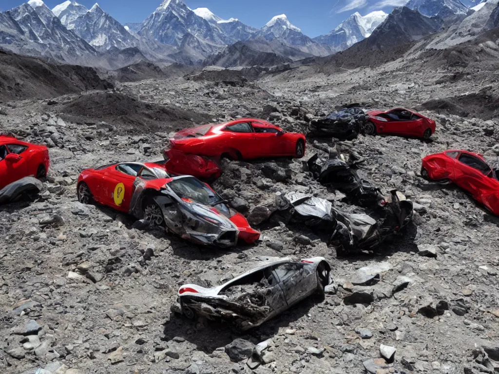 Prompt: mount everest with crashed ferraris, 3 model l