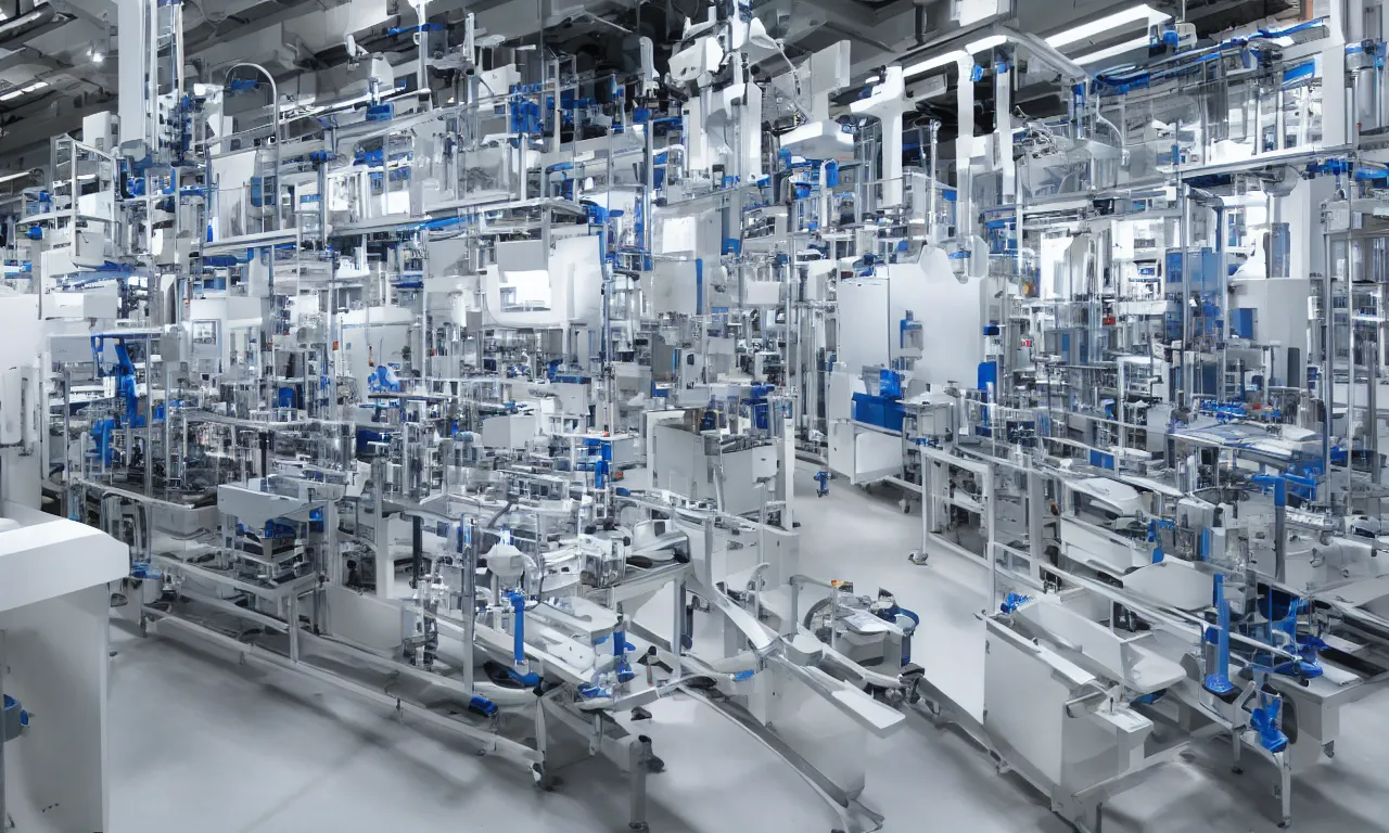 Image similar to automated pharmaceutical production line with robotic arms, technology, big, bright, sterile environment, clean