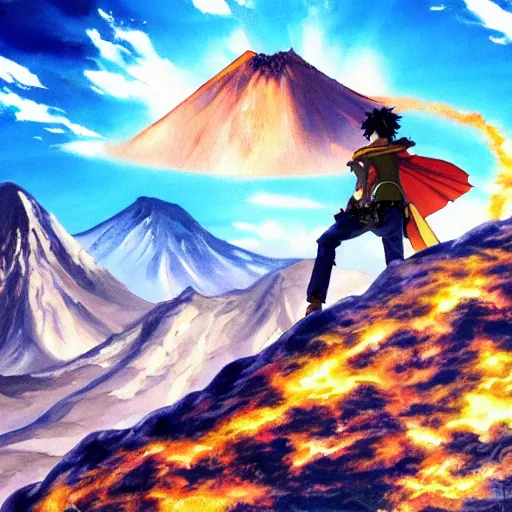 Image similar to anime key visual of frodo climbing mount doom, acrylic painting, jm animation