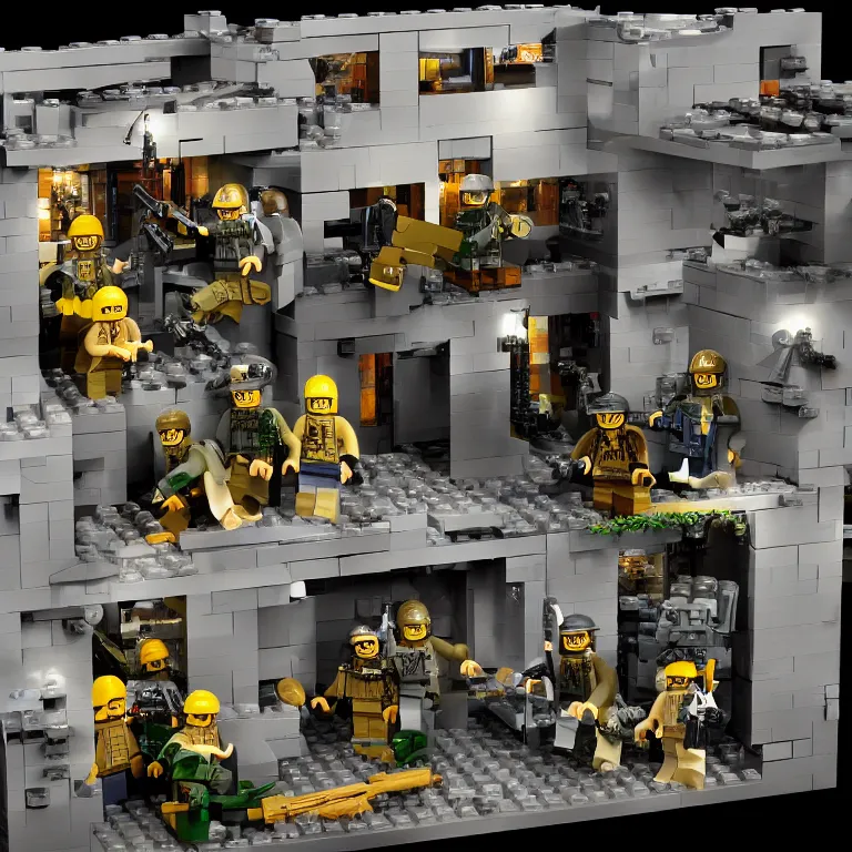 Prompt: navy seals raid osama bin laden's final hideout in abbottabad, pakistan lego set product marketing, photorealistic, studio lighting, highly detailed