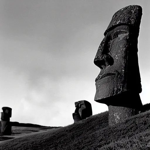 Prompt: easter island moai as the main character in a black and white noir film wearing a fedora standing in the foyer of a 1 9 4 0 s house, intricate, 1 9 4 0 s film noir, robert siodmak, fritz lang, otto preminger, orson welles, billy wilder