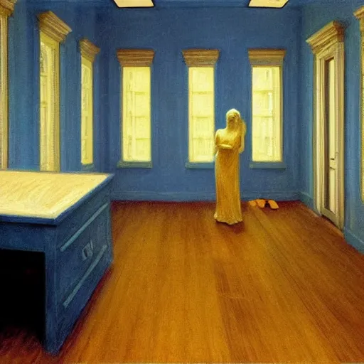 Prompt: an ivory and golden demon in a blue haunted liminal abandoned room, film still by edward hopper, by gottfried helnwein, by klimt, art noveau, highly detailed, strong lights, liminal, eerie, bright pastel colors,