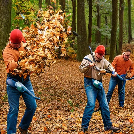 Prompt: men with leaf blowers fighting the falling leaves in a forest