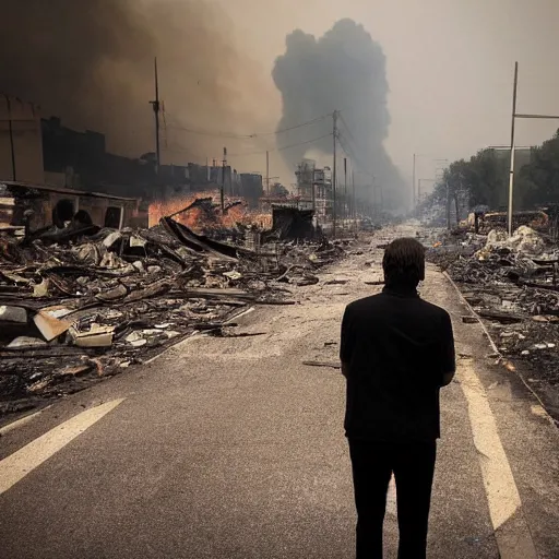 Prompt: the city is burning and fire is everywhere just a man was standing alone crying while world is getting destroyed