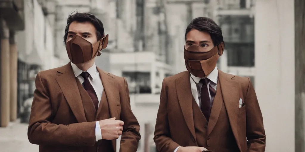 Image similar to a man wearing a brown suit and a mask that is connected to a homemade time machine, cinematic, 8 5 mm lens, shot on arri alexa, atmospheric