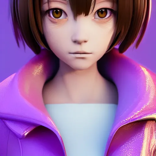 Image similar to portrait of a anime girl with purple jacket design by antonio mello, character modeling, toy design, substance 3 d painter, blender, mental ray, zbrush, soft vinyl, bio luminescent, maximalist sculpted design portrait, studio photo, 7 0 mm lens, trending in artstation