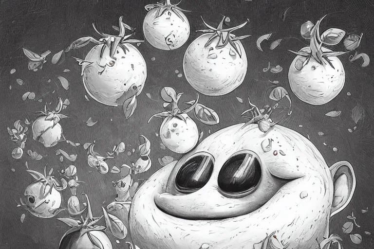 Image similar to a highly detailed happy tomato is playing with mozzarella balls, some sliced in half, basil leaves flying all over, playful vibe, full body, wide angle, an ultrafine detailed painting by joe fenton, trending on deviantart, pop surrealism, whimsical, lowbrow, perfect symmetrical face, sharp focus, octane, masterpiece