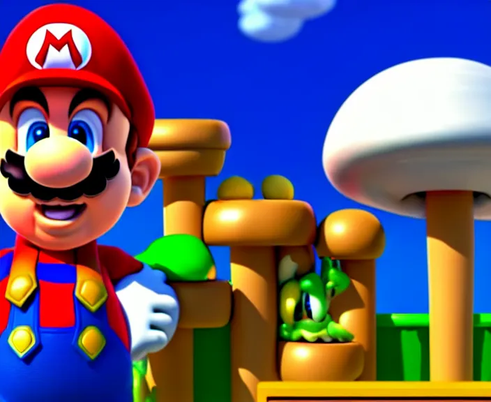 Image similar to still from a 3 d cartoon of ( ( super mario standing behind a podium!!! in the mushroom kingdom at a heated political rally, political!!!! ) ), 4 k, official screenshot, close - up