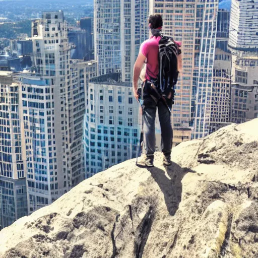 Prompt: a disproportionately large hiker standing on the top of a skyscraper