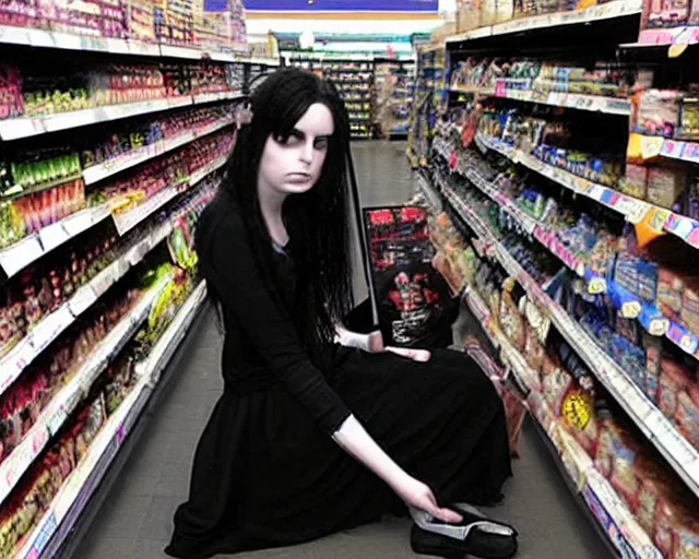 Image similar to poor quality digital photo of a goth emo girl at tesco, 2 0 0 7