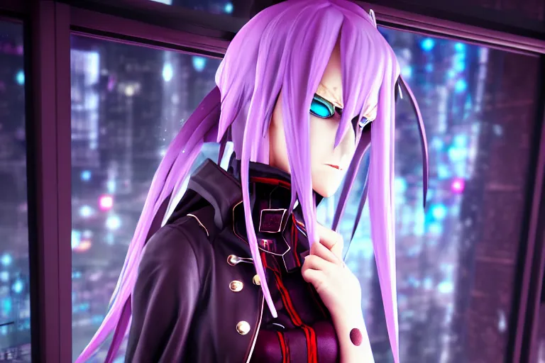 Prompt: Bridgett priestess from guilty gear series praying and is looking at a rainy window in the style of a code vein character creation, cyberpunk art by Yuumei, cg society contest winner, rayonism light effects and bokeh, daz3d, vaporwave, deviantart hd
