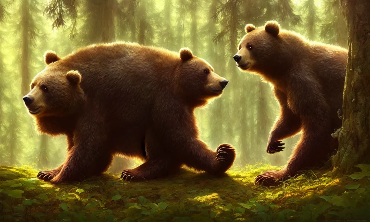 Image similar to cute cartoon bear in forest, sharp focus, illustration, highly detailed, digital painting, concept art, matte, art by wlop and artgerm and greg rutkowski and alphonse mucha, masterpiece