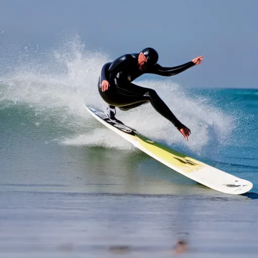 Prompt: a surfer using a snowboard to surf a wave, action photo