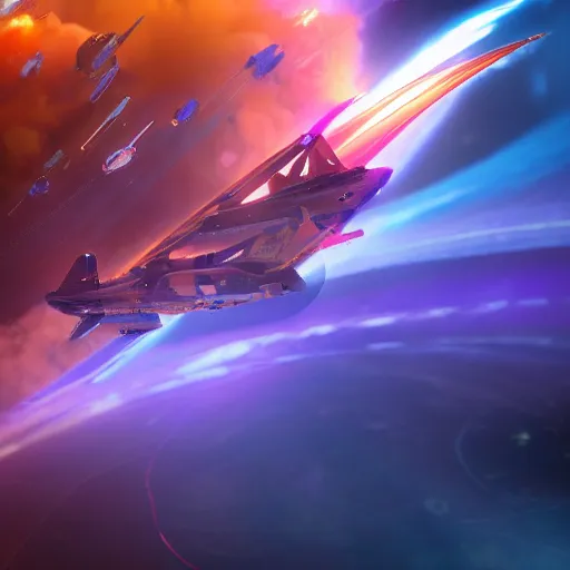 Prompt: octane render, a futuristic space fighter modeled after a spitfire plane, flying through colorful clouds of smoke inside an intense space battle, featured on cgsociety, dramatic lighting, cinema 4 d, ray traced lighting, photorealistic, ultra - detailed, f 1. 3