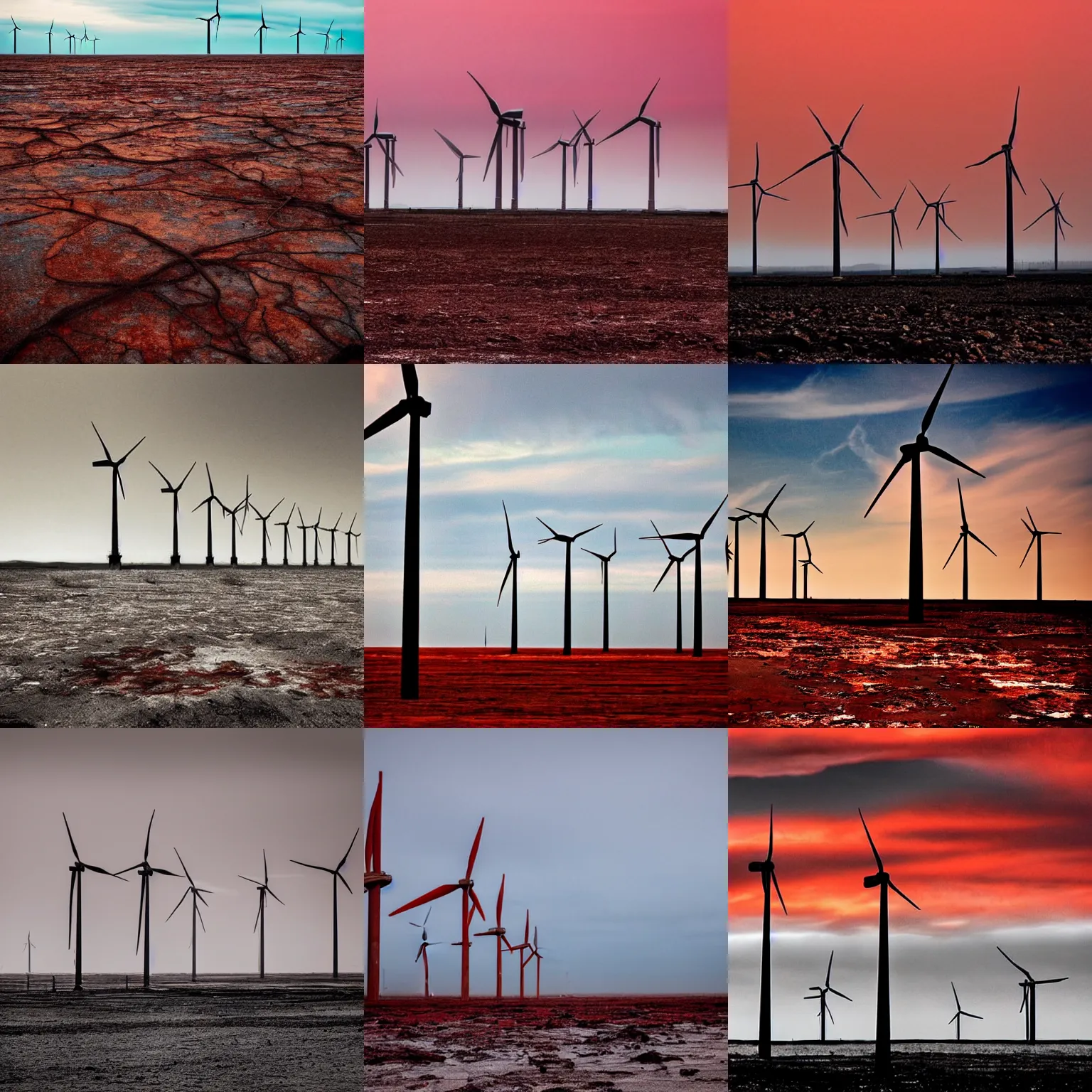 Prompt: dried up ocean with rusted wind turbines standing, eerie, red skies