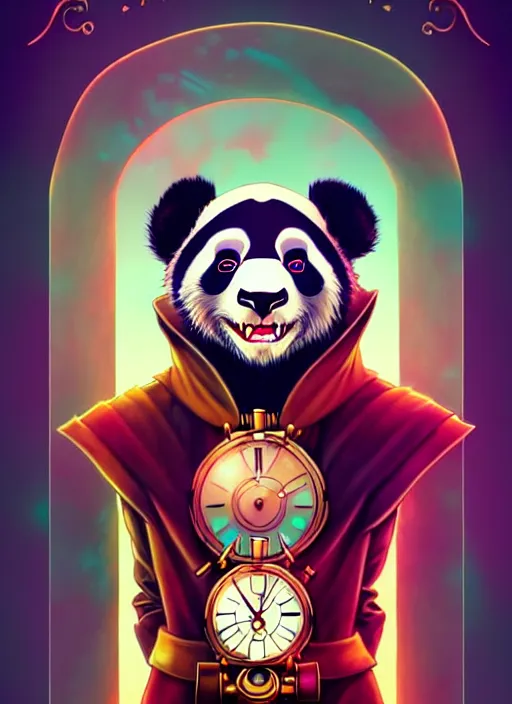 Image similar to don bluth, loish, artgerm, joshua middleton, steampunk, clockpunk anthropomorphic panda, full sailor suit, symmetrical eyes symmetrical face, colorful animation forest background