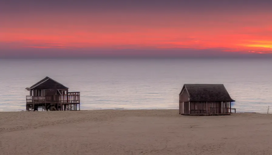 Prompt: a old house standing at a beach at sunset