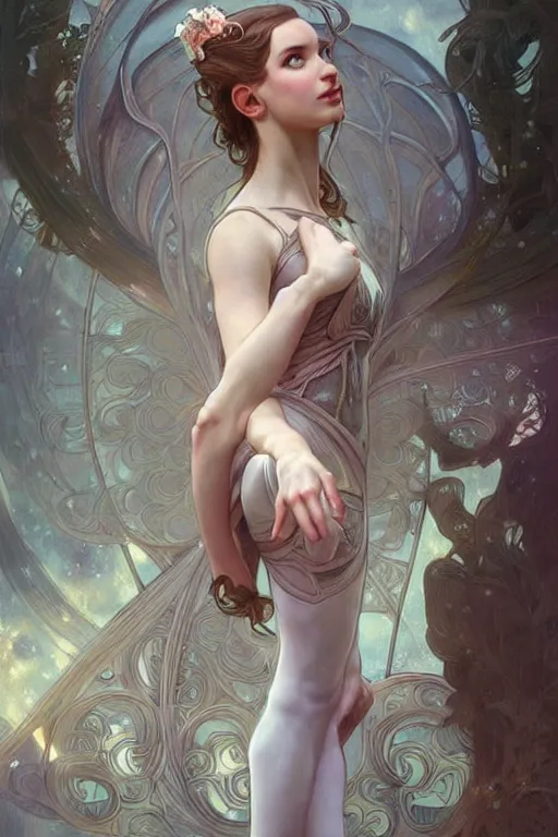 Image similar to ultra realistic illustration, ballerina, sci - fi, fantasy, intricate, elegant, highly detailed, digital painting, artstation, concept art, smooth, sharp focus, illustration, art by artgerm and alphonse mucha