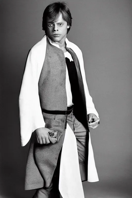 Image similar to a young mark hamill models for chanel, on the runway, fashion photoshoot, full body, chanel boots