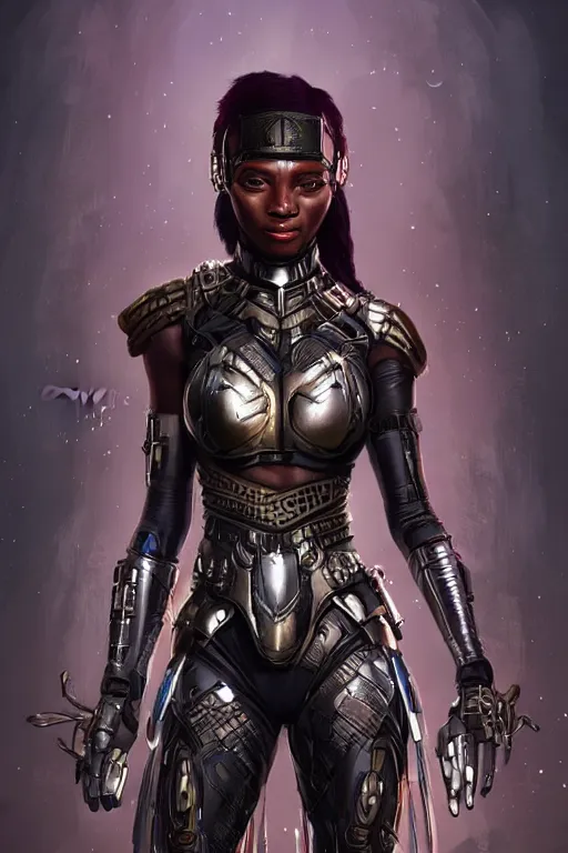 Prompt: art by artgerm, ultra realistic illustration, wakandan warrior in a steampunk cyberpunk style armor, sci fi background hacknaut cyberpunk, sci - fi, fantasy, intricate, elegant, highly detailed, digital painting, artstation, concept art, smooth, sharp focus, illustration.