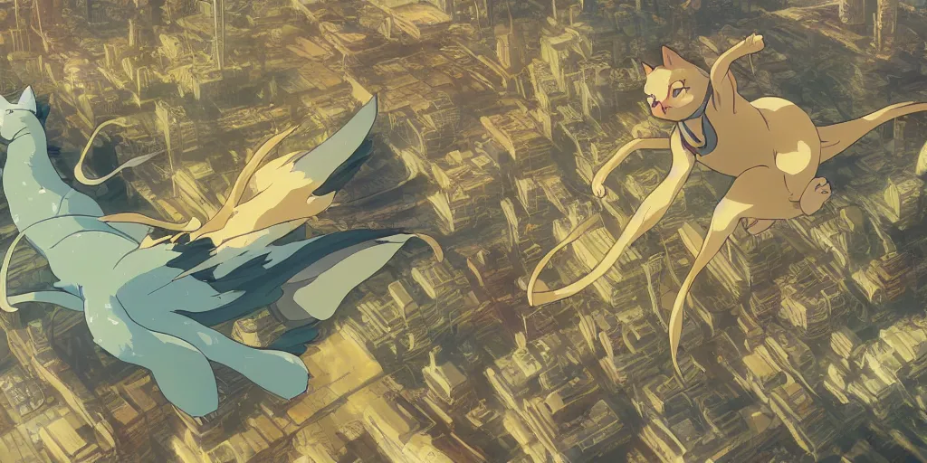 Prompt: a beautiful scene of a cat flying through the air over a sprawling city, concept art, studio ghibli, style of makoto shinkai and alphonse mucha, 4 k wallpaper