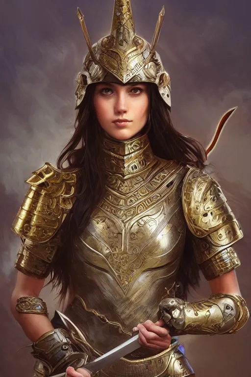 Prompt: attractive young female wielding an ancient sword, ornate metallic helmet, battle armor, olive skin, long dark hair, beautiful bone structure, intricate, elegant, highly detailed, digital painting, artstation, concept art, smooth, sharp focus, illustration, art by artgerm and greg rutkowski and alphonse mucha