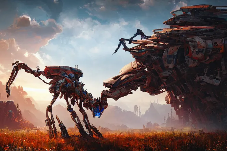 Image similar to thunderjaw machine mecanical creature robot of horizon forbidden west horizon zero dawn radiating a glowing aura global illumination ray tracing hdr fanart arstation by ian pesty and alena aenami artworks in 4 k