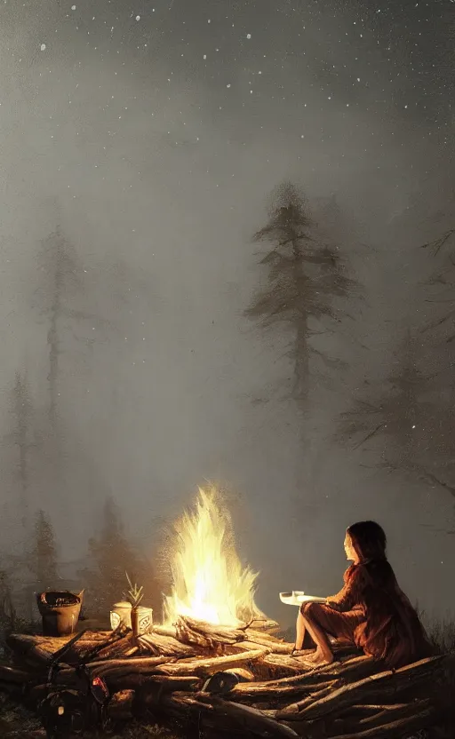 Image similar to A girl with short black hair and green eyes in a tan trenchcoat sitting on a log and drinking tea by the campfire by her motorcycle at night under the stars in the style of Jakub Rozalski, evocative, mystical night, detailed, award winning, masterpiece digital painting by Greg Rutkowski, Alex Grey, artstation, 4k wallpaper