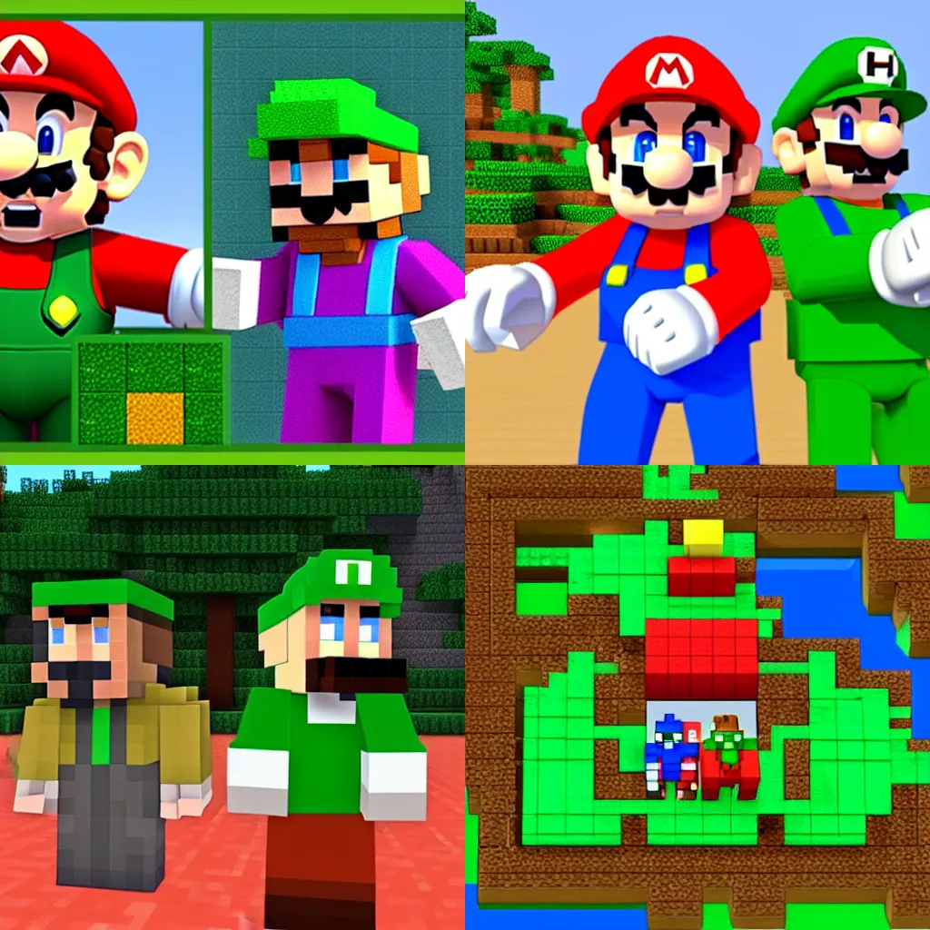 Prompt: Mario and Luigi in minecraft