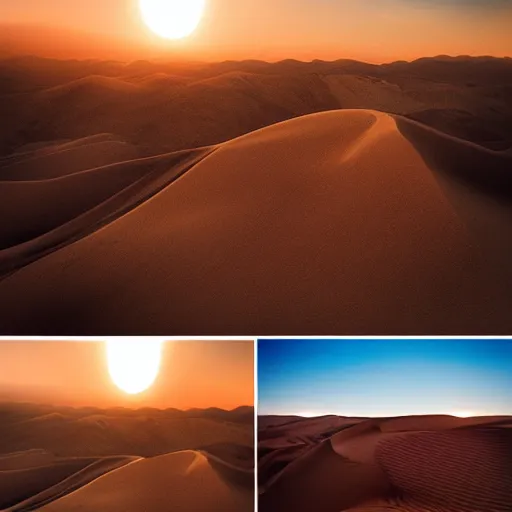 Prompt: epic cinematic still photography of sun glowing on the dessert during sunset