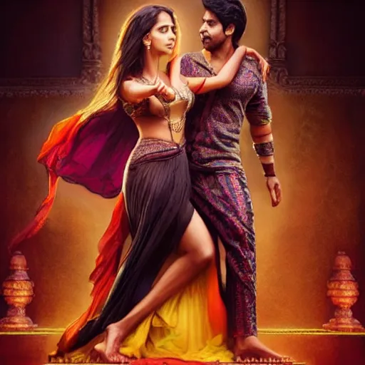 Image similar to perfectly centered bollywood movie promotional poster of anatomically correct hero and heroine romantic pose, faces symmetrical, modelling photography ; real life portrait ; ultra realistic, high coherence, intricate, hdr, highly detailed, photorealistic, octane render, 8 k, unreal engine ; art by artgerm, greg rutkowski, charlie bowater, alphonse mucha