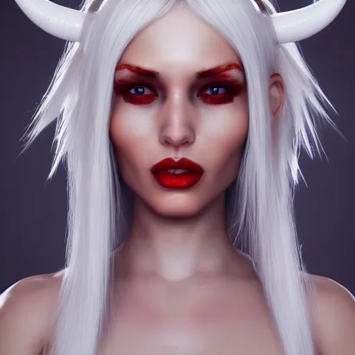 Image similar to a highly detailed portrait of a humanoid demon girl with white hair, red horns, in white clothes, artstation, deviantart, professional, unreal engine 5, photorealistic