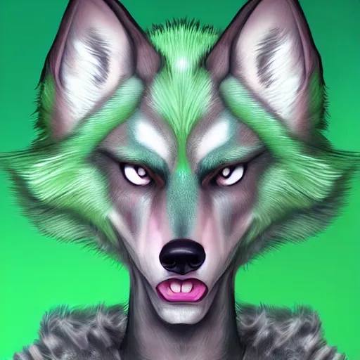 Prompt: Beautiful portrait digital painting of an anthro anthropomorphic pastel-green wolf, Punk outfit.