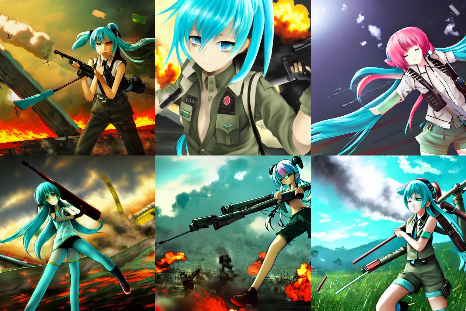 Prompt: Hatsune Miku fighting in the Vietnam War frontlines napalm in the background, very detailed, high resolution, pixiv