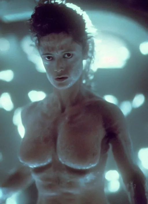 Image similar to film still of salma hayek in the movie Alien, captured in a creamy alien substance, scary, cinematic shot, 4k.