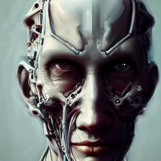 Image similar to portrait art illustration of an ultradetailed biomechanic evil neuronal cyborg, by greg rutkowski and Zdzisław Beksiński., photorealistic, 8k, intricate, futuristic, dramatic light, trending on cg society