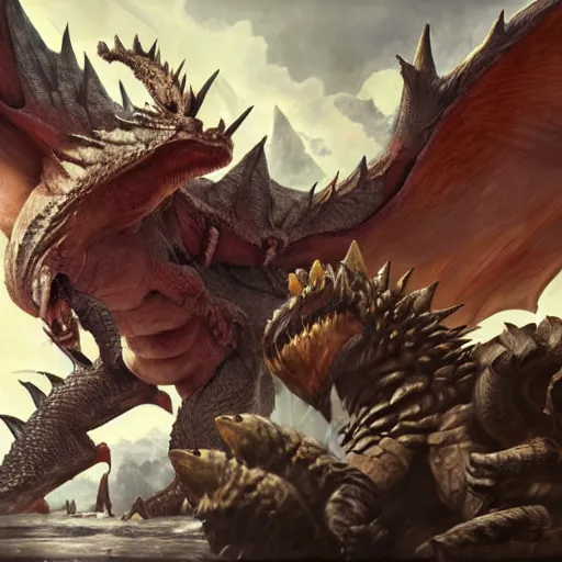 a fight between a Rathalos and Diablos, Monster, Stable Diffusion