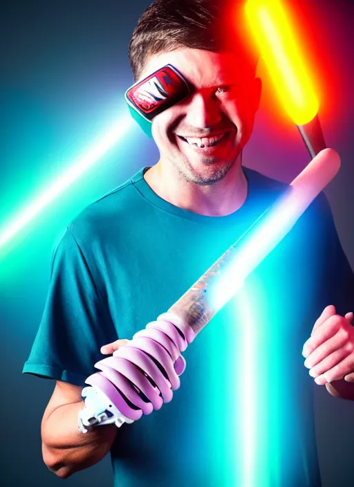 Prompt: guy with a baseball bat over the shoulder, bionic augments, evil smile, dressed in a t-shirt with an atomic explosion logo, colorful pants, sport shoes with led lightning,