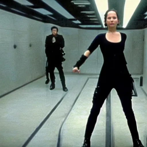 Prompt: first picture of Jennifer Lawrence as Neo in Matrix remake (2029)